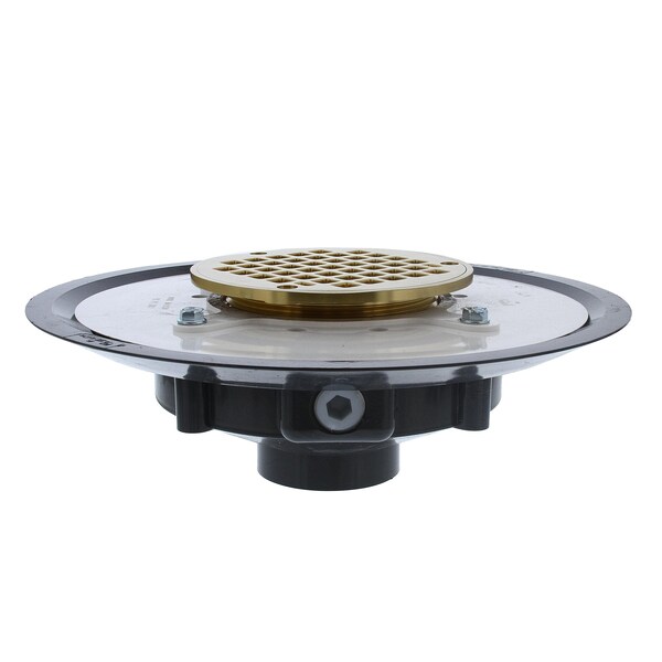 Jones Stephens 2in. Heavy Duty PVC Drain Base with 3-1/2in. Metal Spud and 5in. Polished Brass Strainer D50027 - main